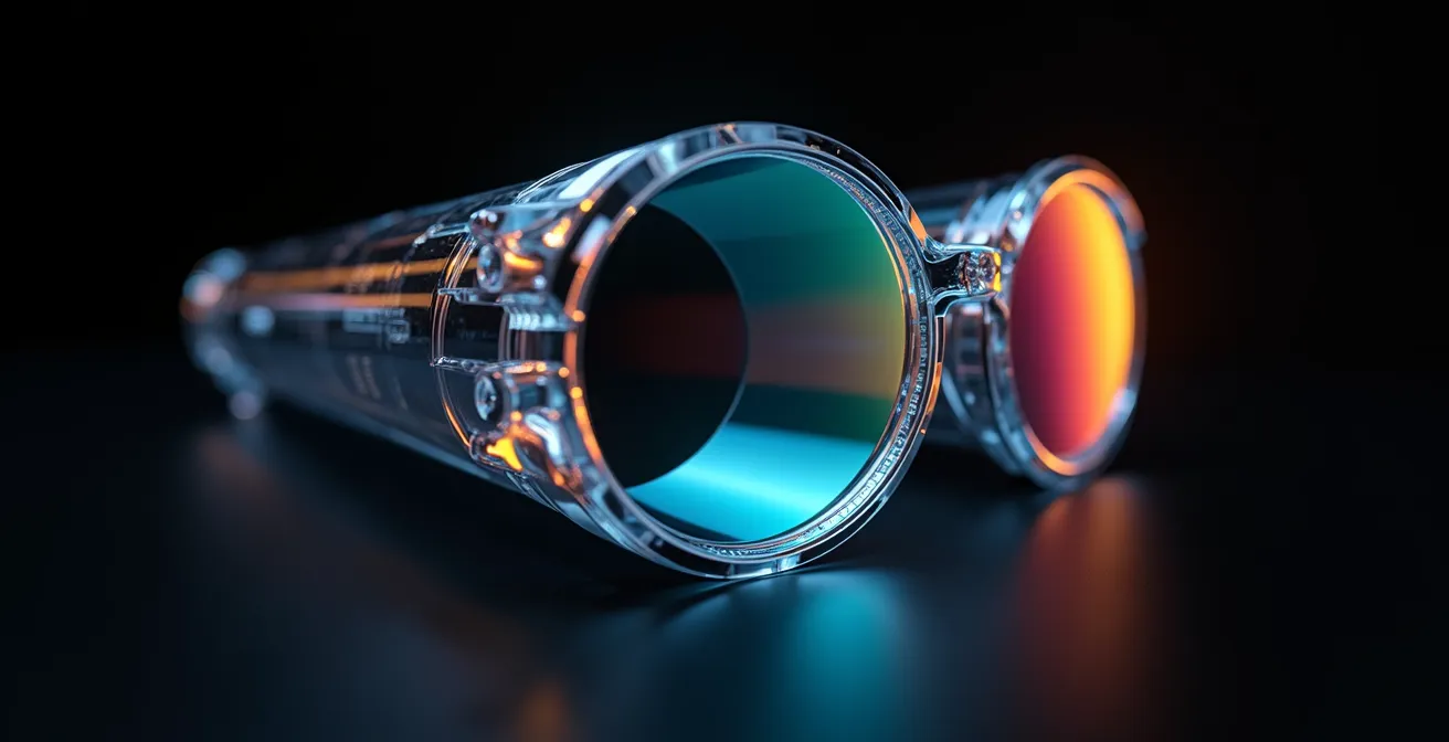 Axe Macro & Textural : Détail microscopique d'un verre optique haute qualité montrant les traitements multicouches