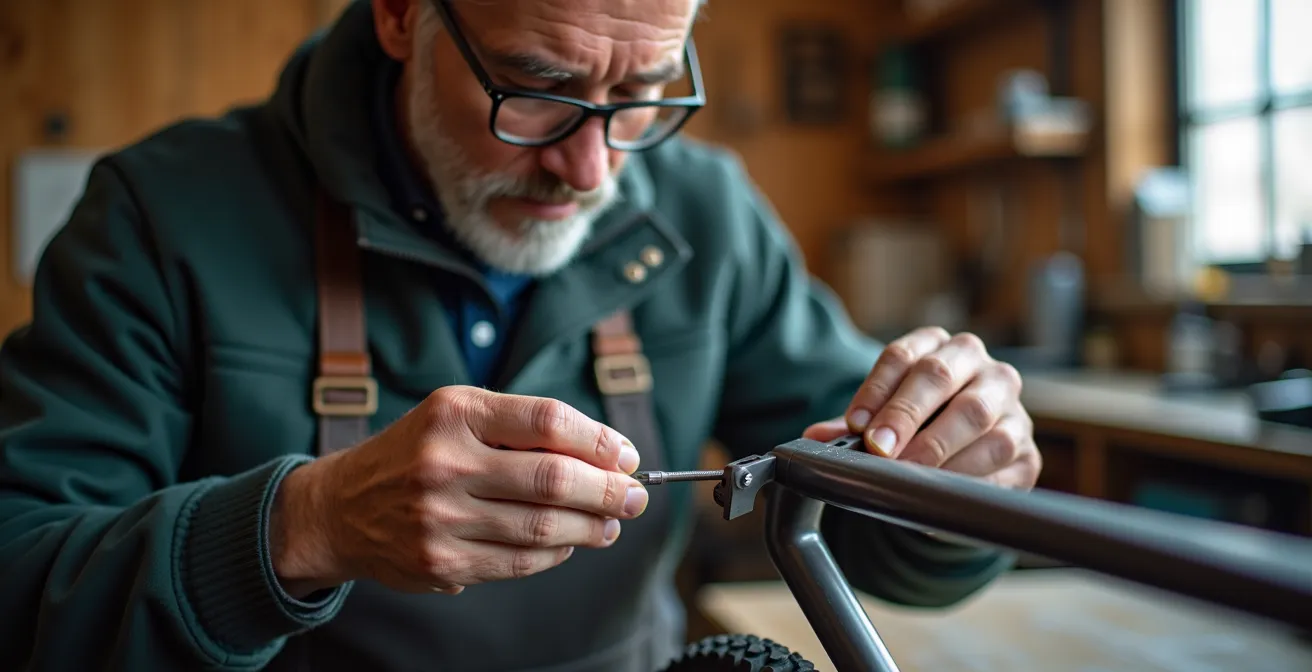 Mains d'artisan ajustant une monture en titane avec outils de précision