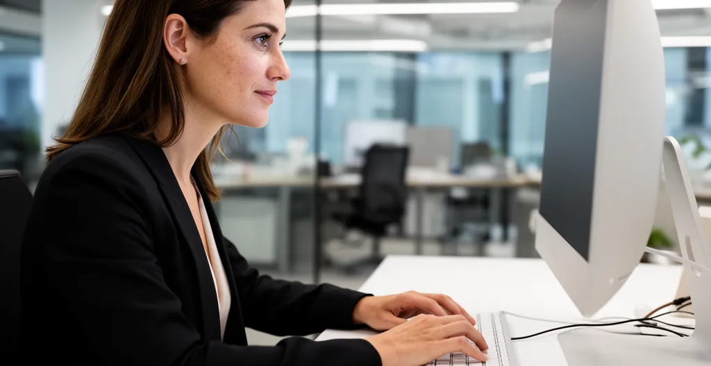 Femme travaillant sur ordinateur en open space avec expression détendue