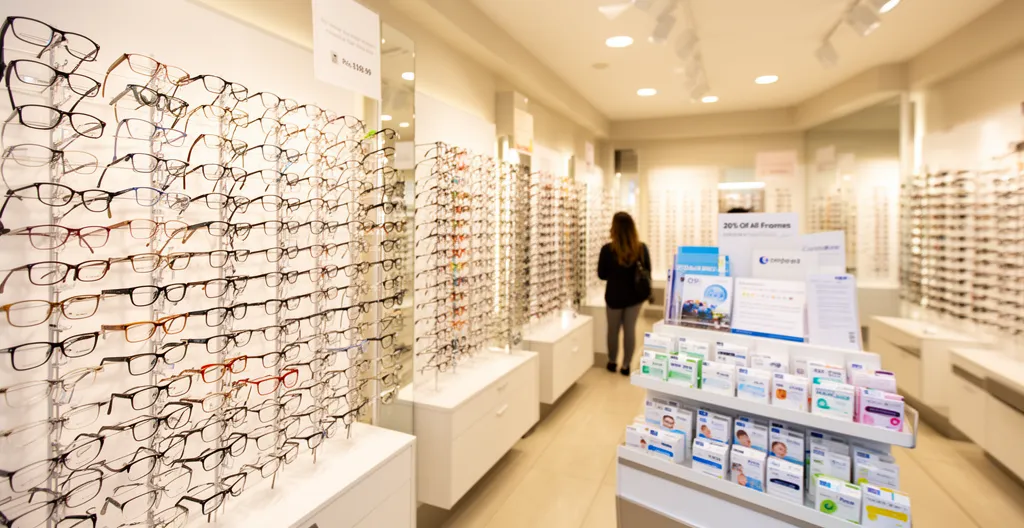 Intérieur de magasin optique avec présentoirs et espace dédié aux lentilles
