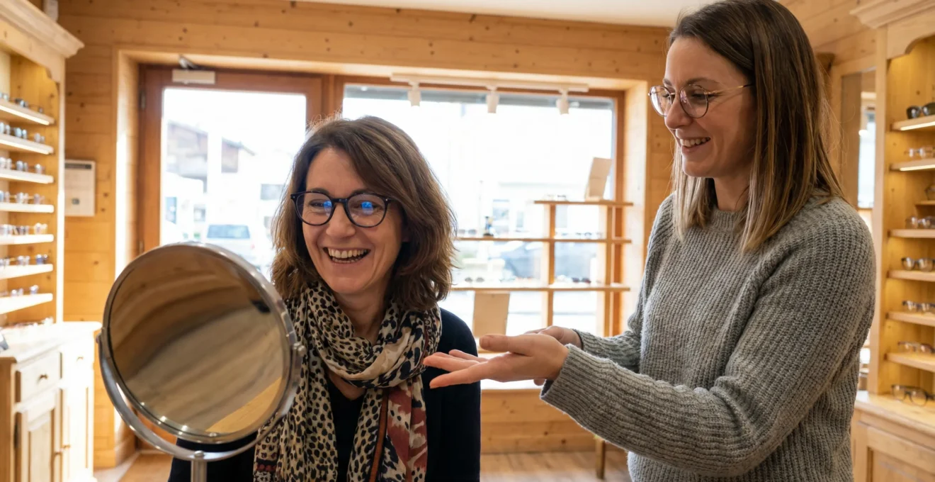 Femme essayant des lunettes devant un miroir accompagnée par une opticienne dans une boutique chaleureuse