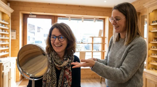 Femme essayant des lunettes devant un miroir accompagnée par une opticienne dans une boutique chaleureuse