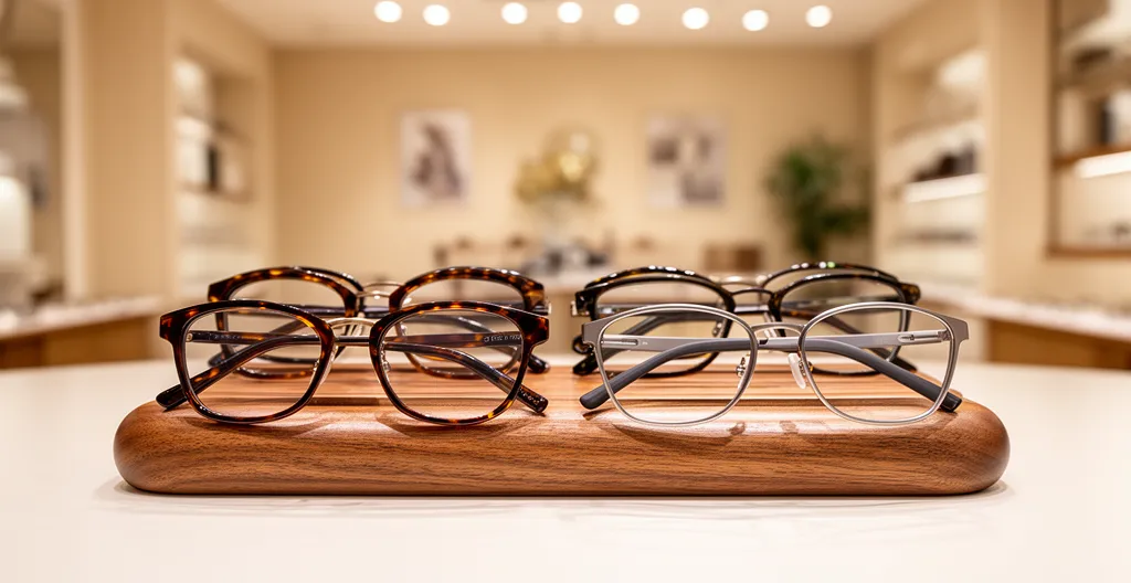Collection de montures créateurs en acétate et bois présentées sur un support en bois naturel