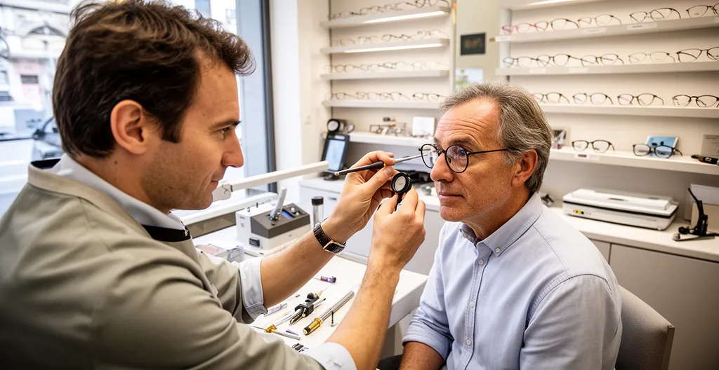 Opticien effectuant des réglages fins sur une monture portée par un client européen