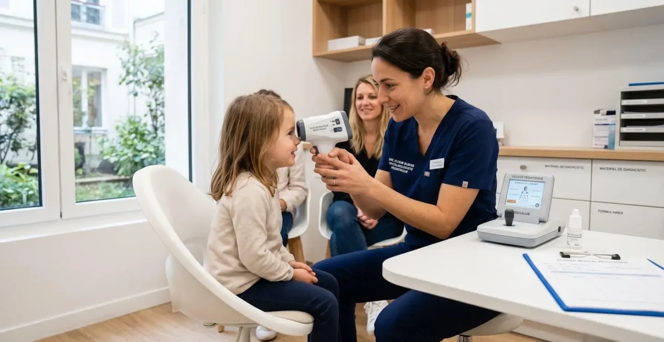 Enfant de 5 ans pendant examen ophtalmologique de dépistage dans cabinet médical moderne avec équipement de réfraction automatique