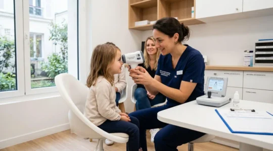 Enfant de 5 ans pendant examen ophtalmologique de dépistage dans cabinet médical moderne avec équipement de réfraction automatique