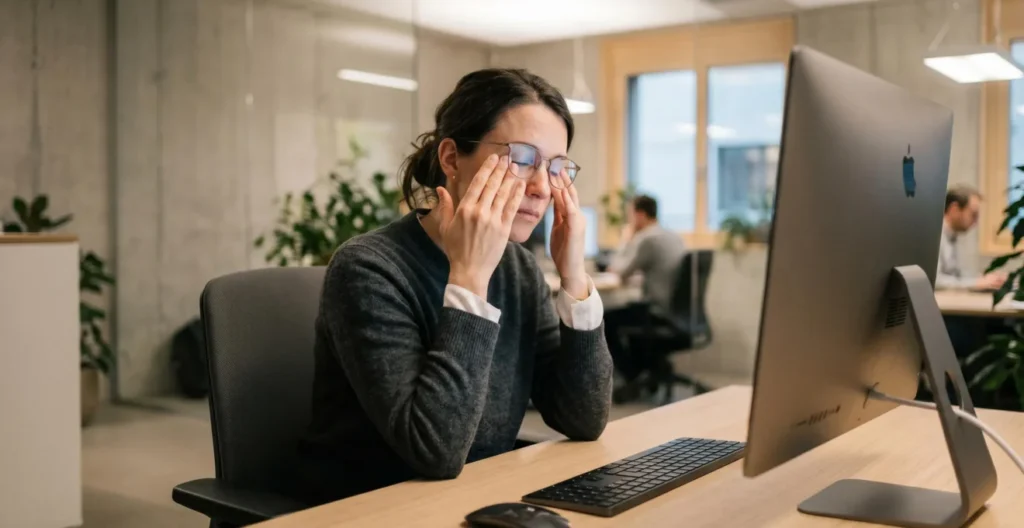 Femme au bureau montrant des signes de fatigue visuelle en se massant les tempes devant son écran d'ordinateur Femme au bureau montrant des signes de fatigue visuelle en se massant les tempes devant son écran d'ordinateur
