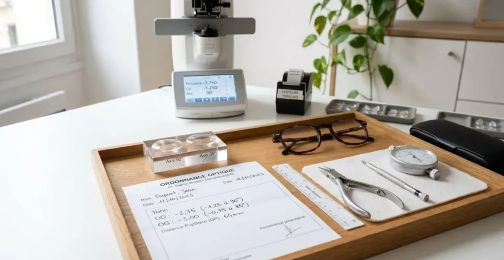Poste de travail opticien avec ordonnance de verres toriques et outils de montage optique de précision Poste de travail opticien avec ordonnance de verres toriques et outils de montage optique de précision